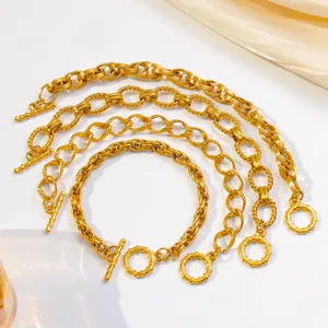 Gold-plated 18K titanium steel chunky twisted chain bracelet set, vintage OT buckle design.