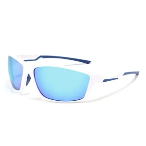 Ανδρικά αθλητικά γυαλιά ηλίου με λευκό σκελετό και μπλε ανακλαστικούς φακούς για ποδηλασία.
