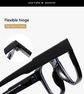 Black square optical glasses frame detail, flexible hinge and high quality painting design.