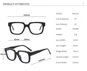Unisex black frame blue light blocking glasses with clear dimensions and detailed specs.