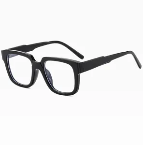 Close-up view of the thick black square frame glasses showing fine temple and bridge details.