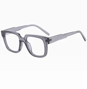 Transparent grey square optical glasses detailed view, thick frame trendy eyewear design.