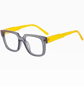 Square clear grey frame glasses with stylish yellow temples, anti-blue light fashion eyewear.