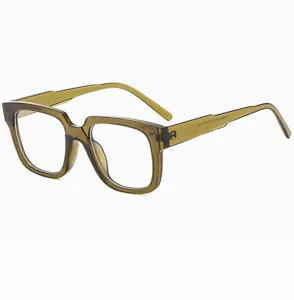 Detailed view of trendy translucent olive green square eyeglasses frame, acetate material.