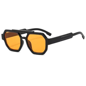 Trendy double-bridge geometric sunglasses with vibrant orange lenses for stylish streetwear.