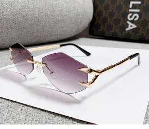 New rimless fashion sunglasses, European trendy faceted sweet cool candy color polygonal glasses