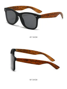 Detail view of stylish wooden grain temple sunglasses with dark anti-UV lenses for sunny days.