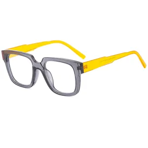 Stylish square anti-blue light glasses with grey front frame and yellow temples for daily wear.