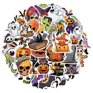 Halloween sticker pack detail showing cute ghosts, pumpkins, and spooky cartoon designs.