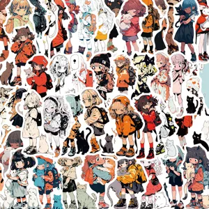 Lot d'autocollants imperméables anime fille et chat mignon pour journal coque de téléphone