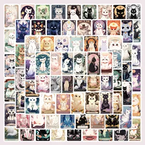 Detailed view of 78 cute cartoon cat tarot stickers, waterproof vinyl decal for phone and cup.