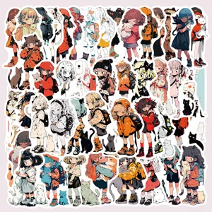 51pcs Autocollants Imperméables Anime Fille et Chat pour Coque de Téléphone Bouteille