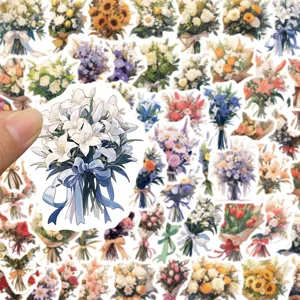 Vista dettagliata di adesivi romantici con bouquet di fiori e motivi floreali impermeabili.