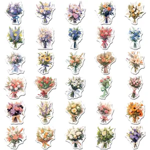 Vista dettagliata di adesivi decorativi di bouquet di fiori assortiti con rose e girasoli.