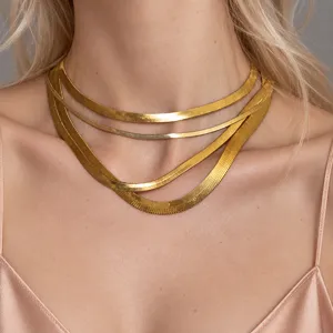 Minimalist Stainless Steel Layered Snake Bone Chain Necklace Gold Plated Herringbone Choker For Women Fashion Jewelry Gift