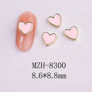 Pink heart nail art charm with gold alloy edge for professional manicure decoration