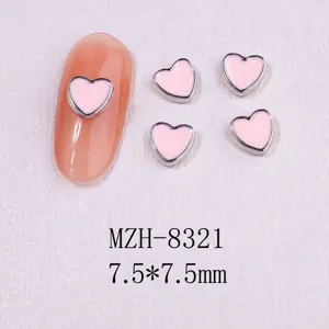 Detailed view of pink heart nail art charms MZH-8321 with silver borders, 7.5x7.5mm