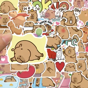 Cute cartoon capybara waterproof stickers detail view, showing charming animal graffiti decal designs.