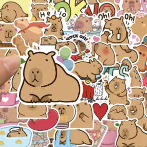 Detailed close-up shot of cute cartoon capybara waterproof graffiti stickers collection.