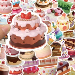 50 Pcs 3D Birthday Cake Stickers Waterproof Cute Dessert Graffiti Decals for Phone Water Bottle