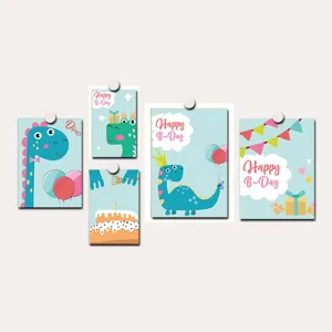Detailed view of cute dinosaur birthday cards, cute wall postcards for bedroom decoration.