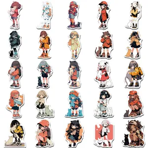 Vue détaillée de mignons autocollants étanches de filles animées et chats pour coque de téléphone.