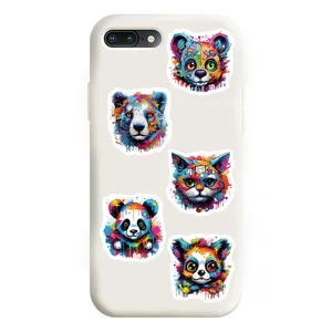 Close-up detail of white phone case featuring colorful graffiti animal sticker designs.