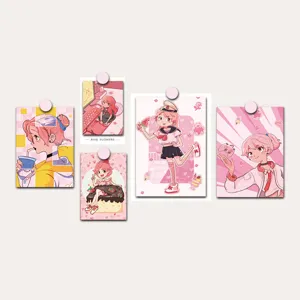 Cute pink anime girl decorative wall postcards set, perfect for bedroom aesthetic decor.