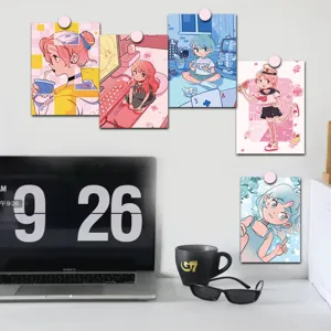 Detail scene of aesthetic anime decorative wall cards and cute postcards for room decor.
