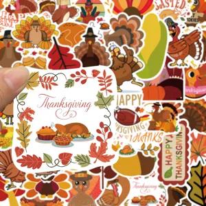 Gedetailleerd overzicht van Thanksgiving kalkoen waterdichte stickers voor telefoonhoesjes en mokken.