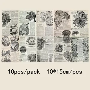 Vintage botanical flower decorative cards set of 10 pieces, retro newspaper style wall art decor.