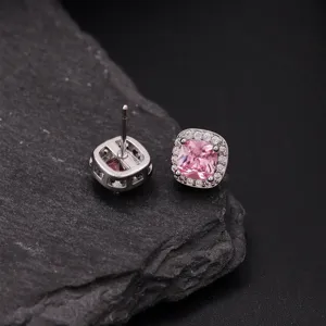 Zilverkleurige vierkante roze edelsteen halo oorknopjes dames elegante mode sieraden dagelijks