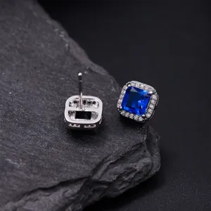Elegante vierkante blauwe kristallen oorknopjes met sprankelende witte strass halo voor dames