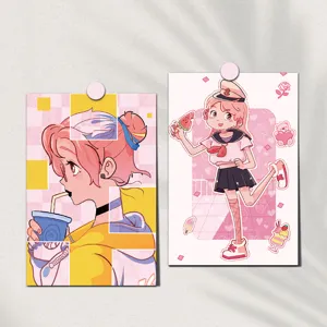 Aesthetic anime girl decorative cards, cute pink wall postcards set for bedroom and dorm room.