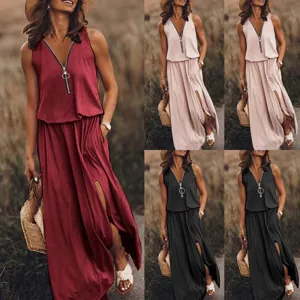Elegantes ärmelloses Maxikleid mit V-Ausschnitt, Reißverschluss und Seitenschlitz