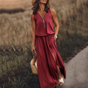 Elegantes, dunkelrotes, ärmelloses Maxikleid mit V-Ausschnitt-Reißverschluss und Schlitz