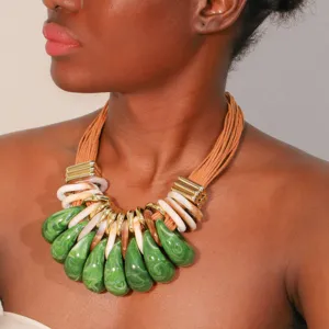 Handmade bohemian chunky multi-layer beaded necklace with green marble teardrop pendants