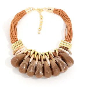Statement multi strand beaded collar necklace with brown teardrop resin charms