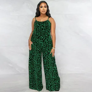 Combinaison à imprimé léopard vert à bretelles spaghetti et jambes larges pour femmes