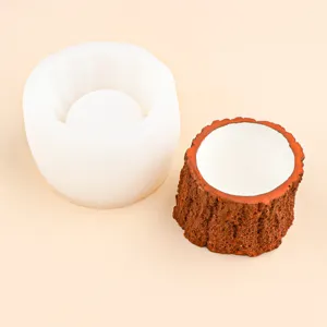 Close-up details of DIY silicone mold and tree stump pot for handmade casting crafts.