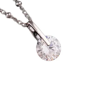 Minimalist silver clavicle chain necklace with a sparkling round diamond pendant for women.