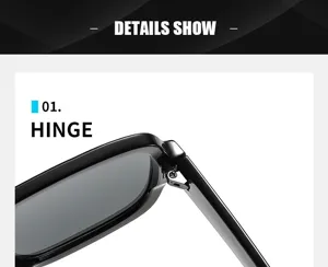 Nahaufnahme der schwarzen quadratischen Sonnenbrille zeigt stabile Metallscharnier.
