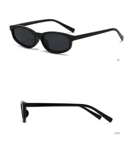 Detailansicht der schwarzen schmalen ovalen Sonnenbrille mit Mehrwinkel- und Rahmenprofil.