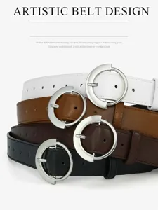 Women stylish stacked leather belts in white brown dark brown black with round metal buckles