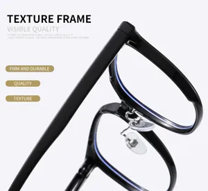 Black square anti-blue light glasses with durable metal alloy frame hinges for daily wear.