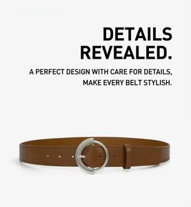 Detail view of the brown leather women belt featuring a stylish silver circular buckle.