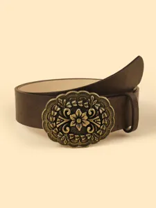 Vintage retro leather belt with carved bronze oval buckle for men and women casual wear