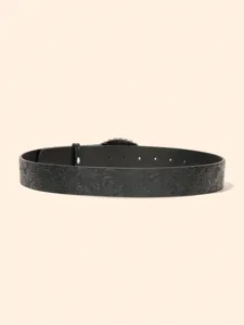 Detail view of black embossed leather belt featuring intricate western floral tooling.