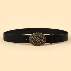 Vintage retro style black leather belt with ornate bronze oval floral buckle for casual wear