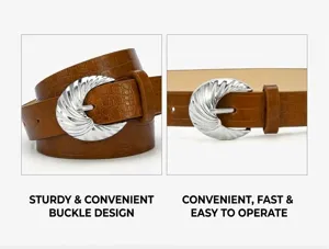 Brown crocodile pattern embossed women belt with shiny silver curved metal buckle detail display